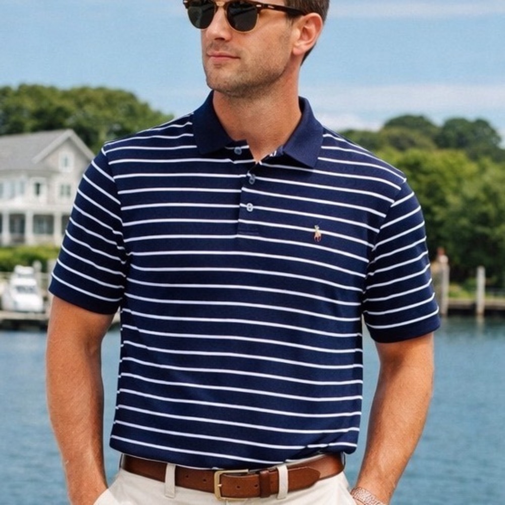 Polo Ralph Lauren Mens XL Classic Fit Striped Polo Shirt Navy Blue White M2 - Picture 1 of 7